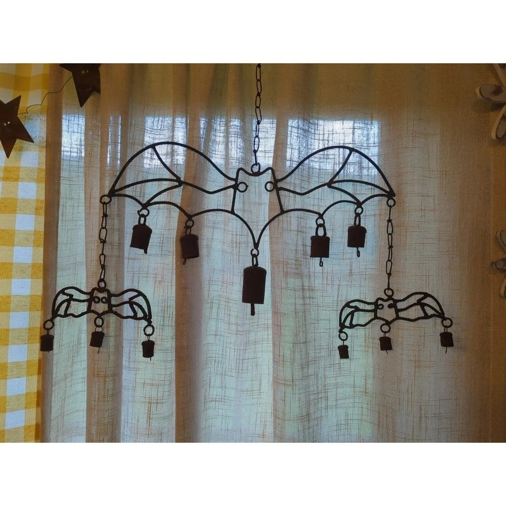 Antique Iron Rare Large BAT With Babies Rusty Tin Farm Bells Windchimes